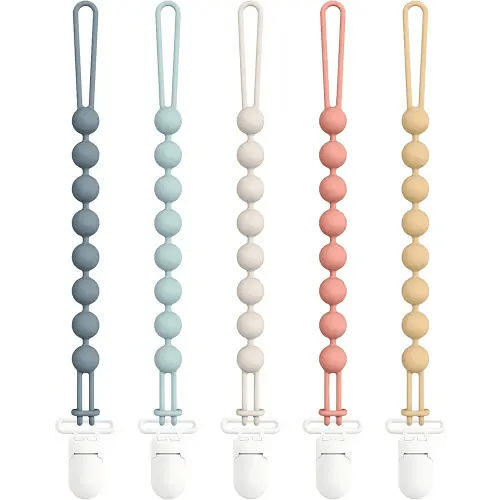 Cuddle Campus Silicone Pacifier Clip Holder with One Piece Design, Pack of 5 Soft Flexible Binky Clips for Baby Boy and Girl Set 1((3M+ Plastic Clip)