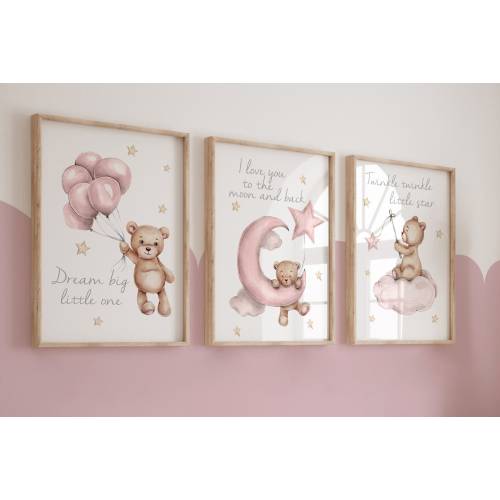 set of 3 nursery prints,teddy bear nursery,girls nursery prints girls nursery decor,baby girls,pink nursery,nursery decor,nursery wall art