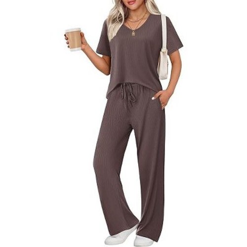 Ekouaer Womens Ribbed Knit Lounge Set Short Sleeve Top and Long Pants Sleepwear Pajama Set Two Piece Matching Outfits Set Brown M
