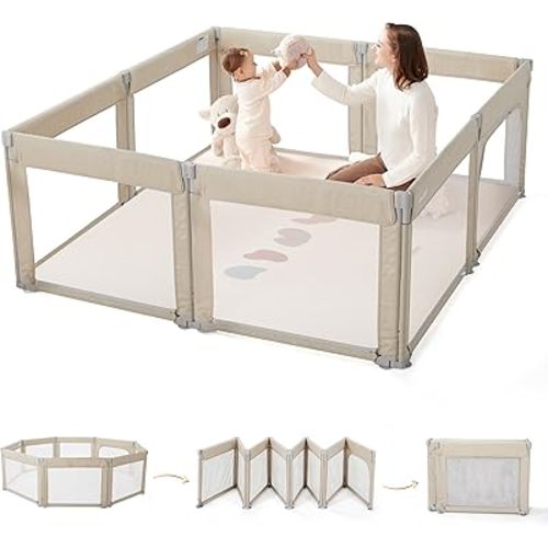 Sweeby Foldable Baby Playpen, 59x59 Playpens for Babies and Toddlers Extra Large Play Yard with Door Baby Fence with Zipper Door and Indoor & Outdoor Play Pen, Beige
