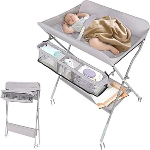 Portable Diaper Changing Table with Wheels for Baby, Mobile Folding Changing Station with 5-Level Adjustable Height and Large Storage Rack & Shelf