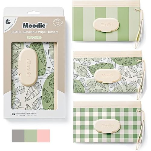 NEW 3 PACK Baby Wipes Holder | Refillable Wipes Container w/DOUBLE-LOCK SEAL |Travel Wipe Case | Portable Wipe Dispenser for Diaper Bag w Silicone Strap | Reusable Wipes Pouch (SAGE GREEN) by Moodie
