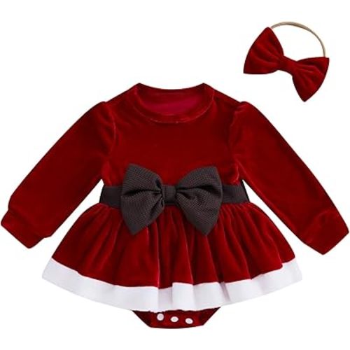 Baby Girl Christmas Outfit Bow Velvet Long Sleeve Romper Dress Newborn Infant Baby Girls Fall Winter Clothes (Red White, 0-3 Months)