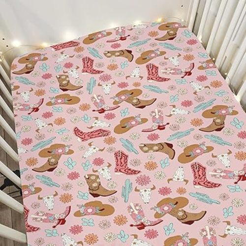 Boho Western Cowgirl Baby Crib Sheets for Girl 52"x28" Pink Cowgirls Boots Hats Cactus Floral Soft Snug Fitted Crib Mattress Covers Girly Wild West Baby Sheet for Standard Crib & Toddler Bed Mattress