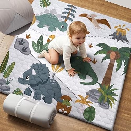 2-in-1 Baby Play Mat Indoor & Outdoor, 50x50in Thick Foam Playpen Mat with Waterproof Removable Cover, Non-Slip Soft Crawling Floor Mat for Infants, Toddlers, Travel, Picnic & Camping, Dinosaur