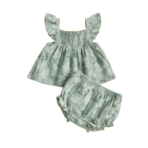 Youweixiong Baby Girl Vintage Floral Outfit Cotton Linen Summer Clothes Ruffle Sleeve Smocked Dress Tops Bloomer Shorts Set