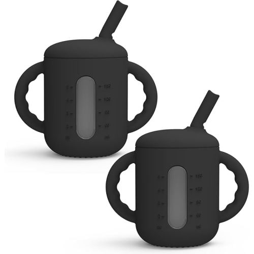 Seposeve 2 Pack Silicone Sippy Cups, Leak-Proof Baby Straw Cup for 6-12 Months, Spill Proof Toddler Cup with Straw 1-3 Years, with Capacity Marking, Non-slip Handle, Flow Control, 6 oz, 2 Black