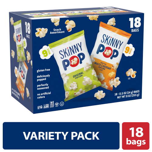 SkinnyPop Gluten-Free Original and White Cheddar Popcorn Snack Variety Pack, 0.5 oz Bag, 18 Count