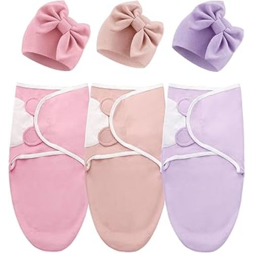 DRESHOW BQUBO 3 Pack Baby Swaddle Sleep Sacks Baby Swaddling Blanket Wrap Newborn Swaddle Sack with Big Bow Hat for Boys Girls 6-12 Lbs Newborns & 0-3 Months Girls Boys