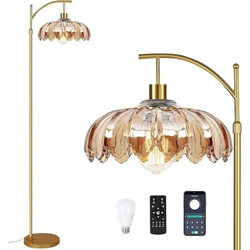 Gold Floor Lamp for Living Room,Bedroom,Mid Century Modern Standing Lamp with Remote,Dimmable Brass Tall Lamp Amber Glass Vintage Retro Arc Floor Lamps Flower Floor Light Boho Bohemian