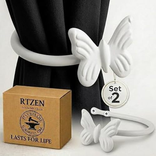 RTZEN Decorative Metal Curtain Tiebacks - Farmhouse Wrought Iron Curtain Holdbacks - Drapery Holders for Wall - Unique Metal Tie Backs for Curtains - 2 Pcs (White Butterfly)