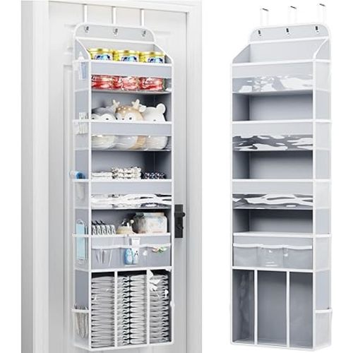 OneDream Over the Door Organizer for Nursery, 5-Tier Baby Clothes Organizer with Removable Storage Caddy, Hanging Behind Door Storage with Clear Pockets and Side Mesh Compartments, Grey