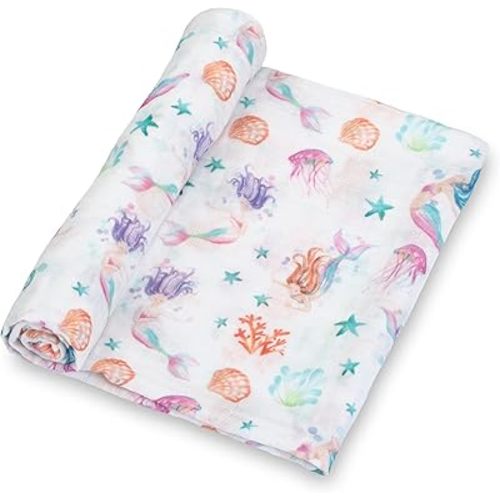 LollyBanks Muslin Swaddle Blanket, 100% Cotton Breathable Baby Blanket for Girls, Soft and Lightweight 47 x 47 Inches Newborn Receiving Blankets, Gentle Baby Wrap, Newborn Essentials (Mermaid Print)