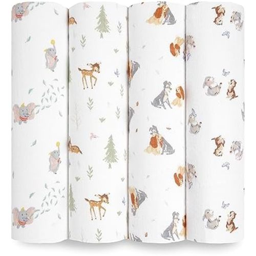 aden + anais Essentials Disney Baby Muslin Swaddle Blankets, Newborn Receiving Blanket for Swaddling, 100% Cotton Baby Swaddle Wrap, 4 Pack, Disney + Friends