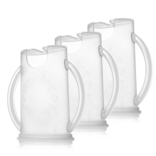 Flipping Holder Food Pouch Holder No Squeeze, flips over to hold drink boxes and juice pouches, easy grip handles and lid