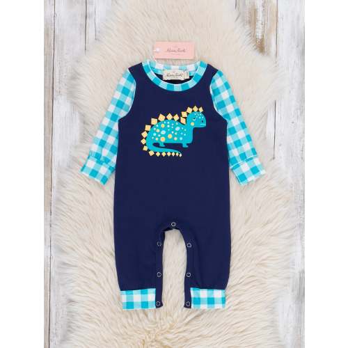 Navy & Teal Brontosaurus Plaid Romper