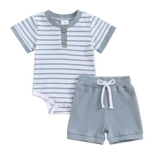 Jiilone Baby Boys Outfits Sets Summer Short Sleeve Striped Print Romper Jumpsuit With Shorts 2 Piece Soft Boys Clothes Sets