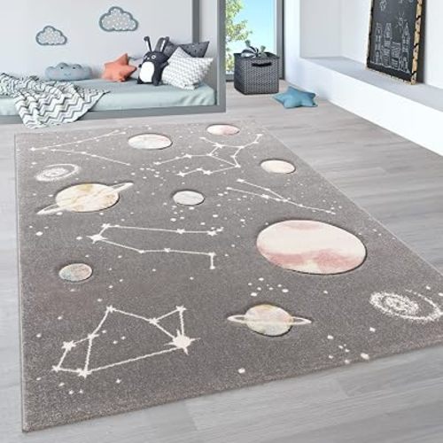 Paco Home Kids Rug for Nursery Planets and Stars in Space in Grey, Size: 7'10" x 11'2"