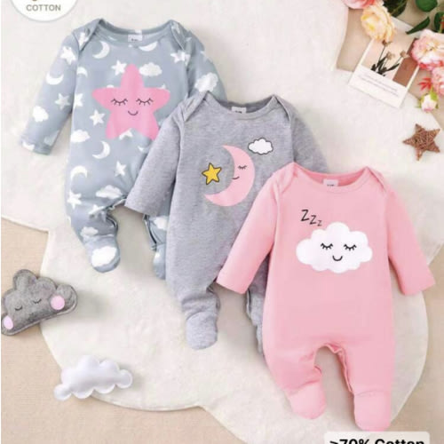 3pcs Newborn Baby Girls' Casual Crew Neck Long Sleeve Star, Moon And Cloud Print Jumpsuit Set | SHEIN USA