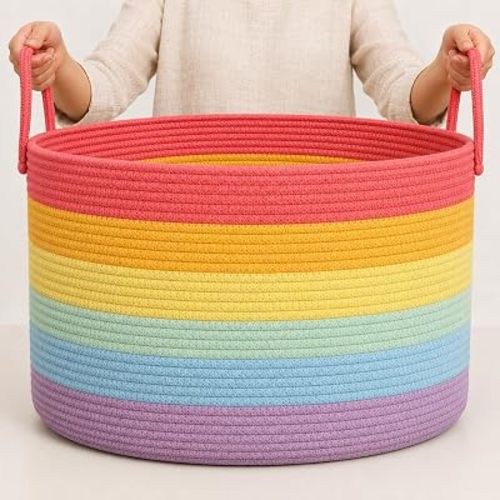 OrganiHaus Rainbow Toy Basket & Blanket Storage Bin, Nursery 20x13"