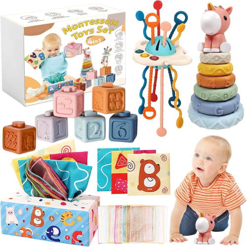 Montessori Baby Toys for 6+ Month Old, 4 in 1 Montessori Toys with Baby Stacking Toys, Baby Sensory Toys, Pull String Toys Toddler Toys Gifts