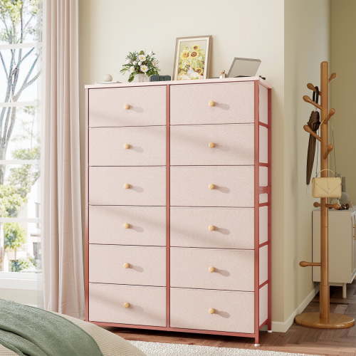 52.2" H Pink Dresser for Bedroom with Fabric Drawers Tall Dresser with Wooden Top for Living Room
