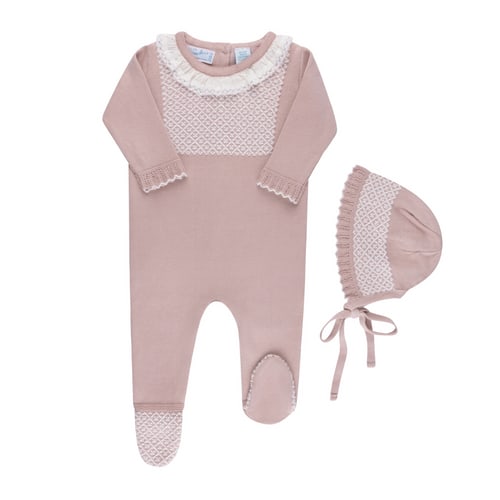 Girls Jacquard Ruffled Knit Romper & Bonnet