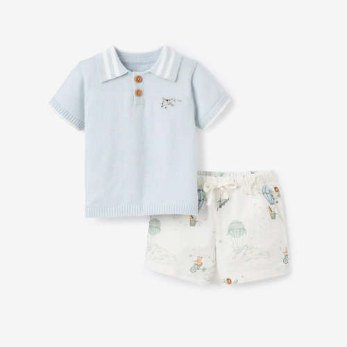 Up & Away Knit Polo Shirt + Printed Oxford Shorts BLUE / 3-6M