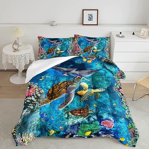 CVHOUSE Kids Teens Ocean Sea Turtle Bedding Set - Twin Size Comforter, Duvet, Quilt Set with Room Decor