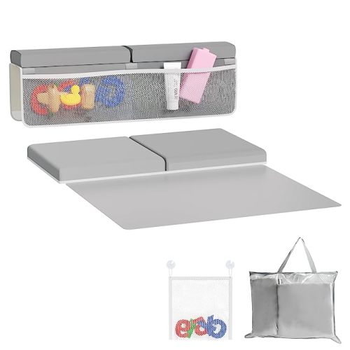 Baby Bath Essentials Bath Kneeler and Elbow Rest Pad Set 1.5" Thick Baby Bath Kneeler Lightweight and Quick-Drying Bathtub Kneeling Pad with Toy Organizer for Comfortable Bath Time Grey