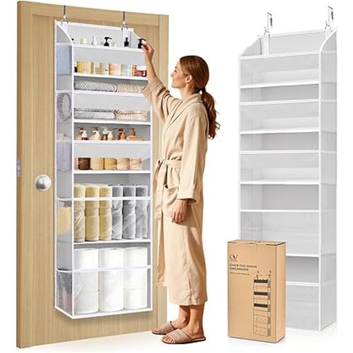 5 Tiers Over Door Organizer with 10 Mesh Side Pockets, 50 lbs Weight Capacity Hanging Storage Organizer with Clear Window Kids Toys, Shoes, Diapers, Light Gray