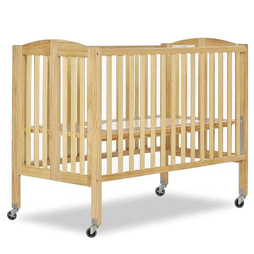 Dream On Me Folding Full Size Convenience Baby Crib with Durable Metal Wheels, Portable Space-Saving Design, 2 Adjustable Heights, Easy Fold Flat Storage, GREENGUARD Gold & BSA Certified, Natural