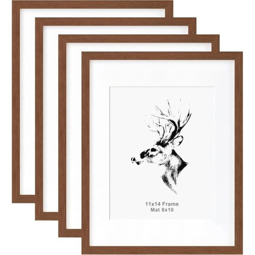 Yaetm 11x14 Picture Frame with Mat for 8x10 Set of 4, Walnut Brown, Solid Wood Photo Frames 11x14 with Tempered Glass, Display Horizontal and Vertical for Wall Mounting (4 pack, Walnut)