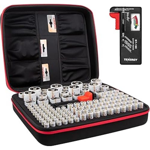Tenergy Alkaline Batteries & Storage Case, 48 Pack AA Batteries, 48 Pack AAA Batteries, 8 Pack C Size Batteries, 8 Pack D Size Batteries, 8 Pack 9V Size Batteries, and Battery Organizer Case