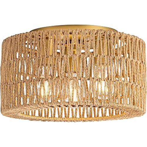 Rattan Ceiling Light Fixture, 3 Light Bohemian Modern Woven Ceiling Light, Boho Flush Mount Ceiling Light for Bedroom Living Room Dining Room, Bulb NOT Included