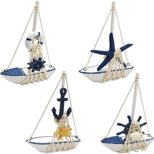 TIHOOD 4PCS Mini Sailboat Model Decoration Wooden Miniature Sailing Boat Home Decor Set, Beach Nautical Design, Navy Blue and White, 4.4 x 6.8 Inch