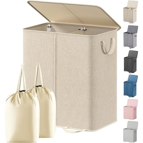 Lifewit Double Laundry Hamper with Lid and Removable Laundry Bags, Large Collapsible 2 Dividers Dirty Clothes Basket with Handles for Bedroom, Laundry Room, Closet, Bathroom, College, 136L Beige