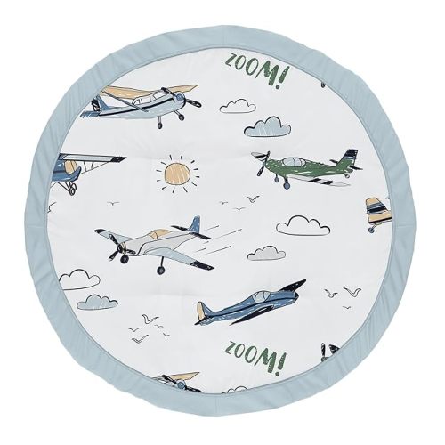 Sweet Jojo Designs Vintage Airplane Boy Baby Play Mat Tummy Time Activity Infant Playmat Playpen Tent Teepee Floor Grey Green Blue White Yellow Airplanes Plane Transportation Clouds Sun Sky Aviator