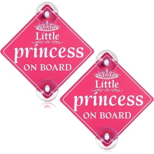 Amabro Little Princess on Board Car Sign, 2 Pcs 5x5 Inch Safety Warning Stickers with Double Suction Cups, Waterproof Reusable Baby Decals for Rear Side Windows Bumpers, Bright Pink