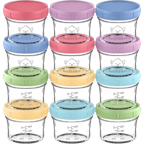 KeaBabies 12pk 4oz Glass Baby Food Containers with Lids - Leak-Proof, Microwavable Small Glass Jars, Baby Purees & Toddler Snack Storage Containers, BPA-Free, Dishwasher & Freezer Safe (Nord)