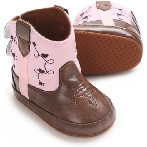 Karwuiio Toddler Baby Boys Girls Western Cowboy Boots First Walker Crib Shoes Soft Sole Non-Slip Moccasins Bootie