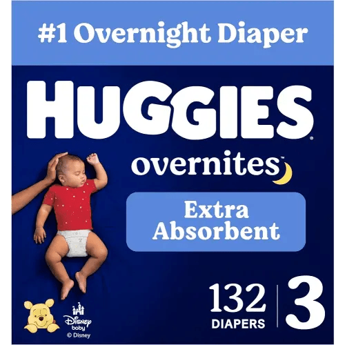 Huggies Overnites Diapers Size 3, 132 Count (2 Packs of 66) | Extra Absorbency, Nighttime Leak Protection, 4X Sleep Protection, Pillowy Soft Leg Cuffs, Wetness Indicator, Hypoallergenic