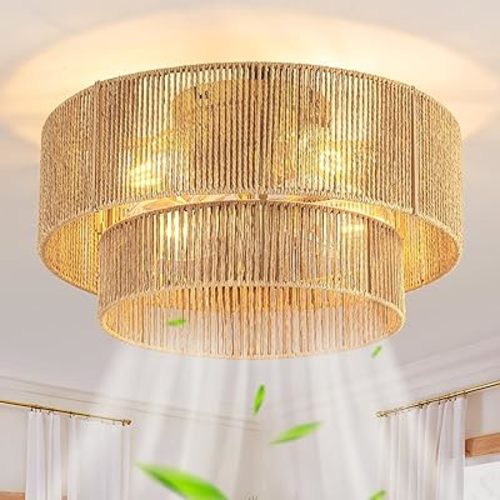 18.5"Boho Fandelier Ceiling Fan with Light Flush Mount, Rattan Ceiling Fans with Lights and Remote Control, Enclosed Caged Ceiling Fan for Bedroom,Living Room,Kitchen,Foyer (6 Speeds,Timing)