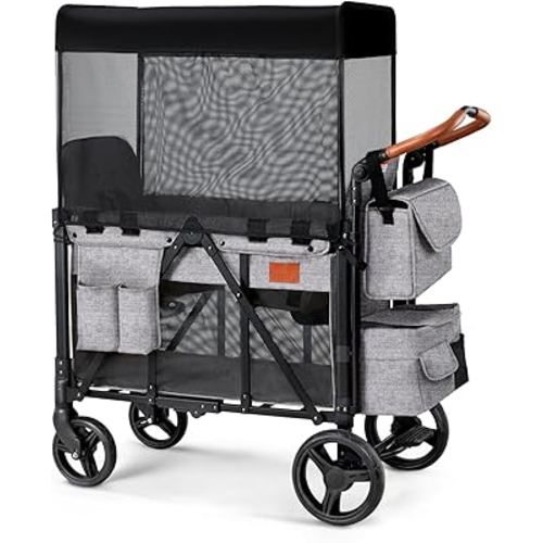 Wagon Stroller for 2 Kids, High Seat & 5 Point Harness, Foldable All-Terrain Wagon for Toddler with Canopy, Parent Organizer, Shoulder Bag, Adjustable Handlebar, Ultimate Double (Gray)