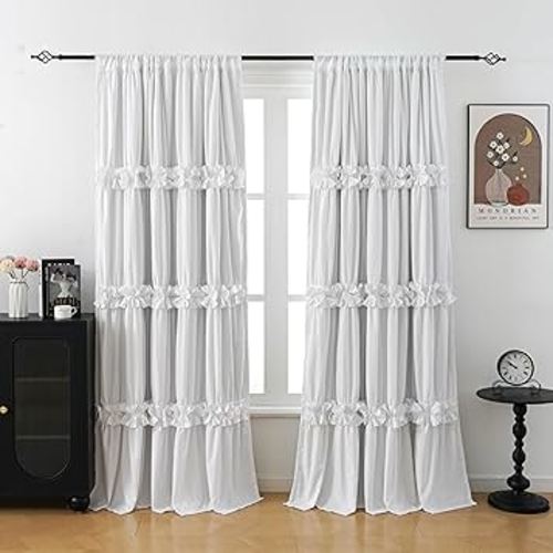 Thermal Insulated Blackout Window Curtains, Boho Ruffle Window Treatments with 3 Rows of Butterfly Flowers, Rustic Rod Pocket Drapes, 2 Panels (White, 52" W x 84" L)