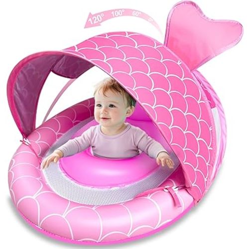 Baby Float with Canopy for Age 6-36 Months, UPF50+ Sun Protection 4 Stage Adjustable Canopy Dual Air Chambers Adjustable Safety Seat Inflatable Swim Pool Float for Baby Toddler