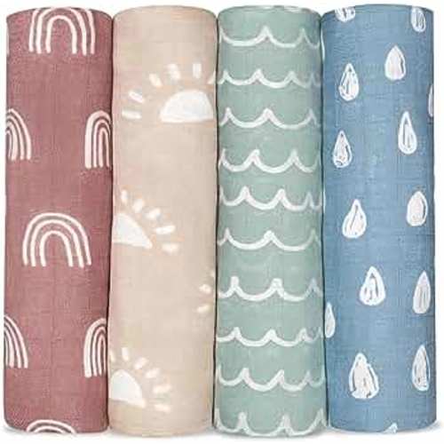 Comfy Cubs Muslin Swaddle Blankets Neutral Receiving Blanket Swaddling, Wrap for Boys and Girls, Baby Essentials, Registry & Gift (Sun, Rainbow, Rain, Doodle)