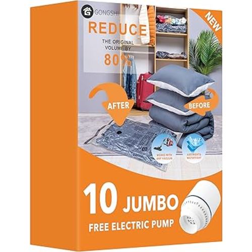 10 Jumbo Vacuum Storage Bags with Electric Pump, Space Saver Bag for Clothes, Mattress, Blanket, Duvets, Pillows, Comforters, Travel