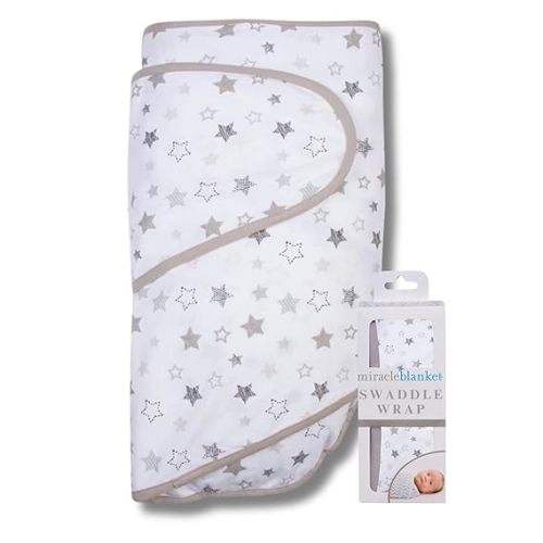 Miracle Blanket Swaddle Wrap – Help Your Newborn Sleep Longer – Soft & Secure Sleep Sack for Infants – Easy-to-Use Swaddling Blanket for a Calm Baby (Gray Stars)