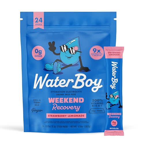 Waterboy Weekend Recovery | 3,200mg Electrolyte Powder Packets | Ginger + L-Theanine + Vitamins | No Sugar, All Natural, Gluten Free | 24 Drink Stick Mixes (Strawberry Lemonade)